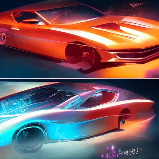 Prompt: car with holographic paint, pearlescent, elegant, digital painting, concept art, smooth, sharp focus, art style from Wang Ke and Greg Rutkowski and Bruce Kaiser and Scott Robertson and Dmitry Mazurkevich and Doruk Erdem and Jon Sibal, small style cue from Blade Runner