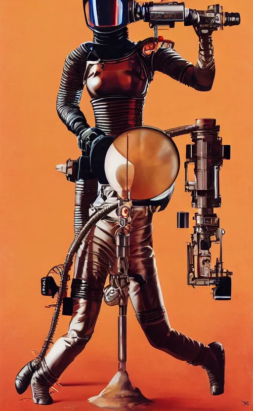 Prompt: upper body portrait of bjork holding a retro ray gun and wearing a huge leather spacesuit on Mars by norman rockwell and mandy jurgens and john singer sargent