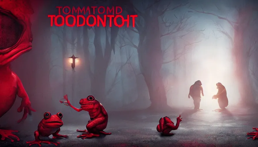 Prompt: pormotional movie poster for a horror movie with mutant frogs called toads, movie title in the middle, red light, darkness, hyperdetailed, artstation, cgsociety, 8 k