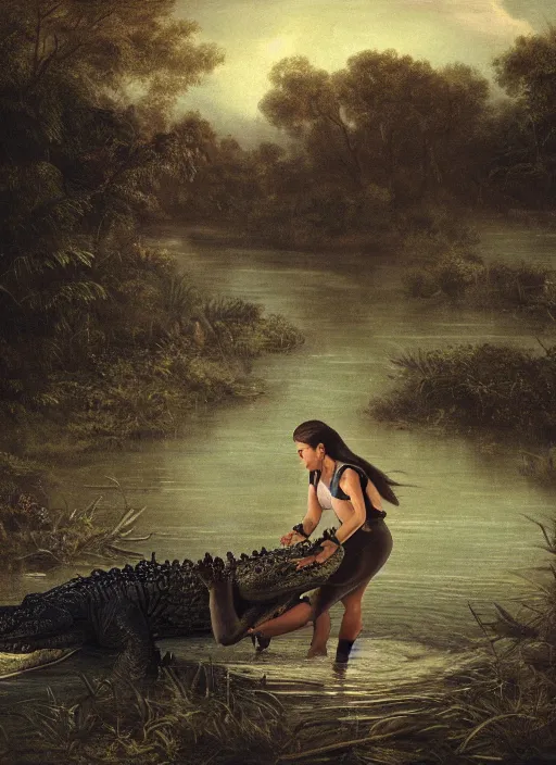 Prompt: a woman fighting against a crocodile in a swamp , soft lighting