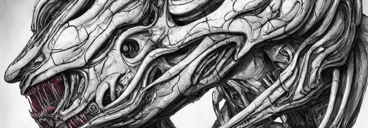 Image similar to engineer alien bood face by Artgerm, xenomorph alien, highly detailed, symmetrical long head, blood color, smooth marble surfaces, detailed ink illustration, raiden metal gear, cinematic smooth stone, deep aesthetic, concept art, post process, 4k, carved marble texture and silk cloth, latex skin, highly ornate intricate details, prometheus, evil, moody lighting, hr geiger, hayao miyazaki, indsutrial Steampunk