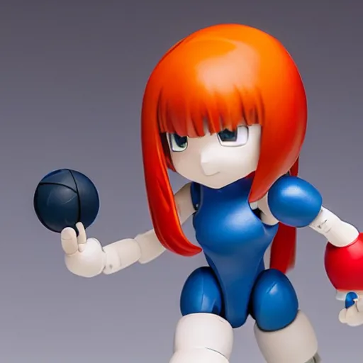 Prompt: photo of figma figures in a diorama : : roll is repairing computers in dr. light's laboratory. roll is a cute female ball - jointed robot ( in the style of mega man ) who has blonde hair with bangs and a ponytail tied with a green ribbon. she is wearing a red one - piece dress with a white collar, and red boots.