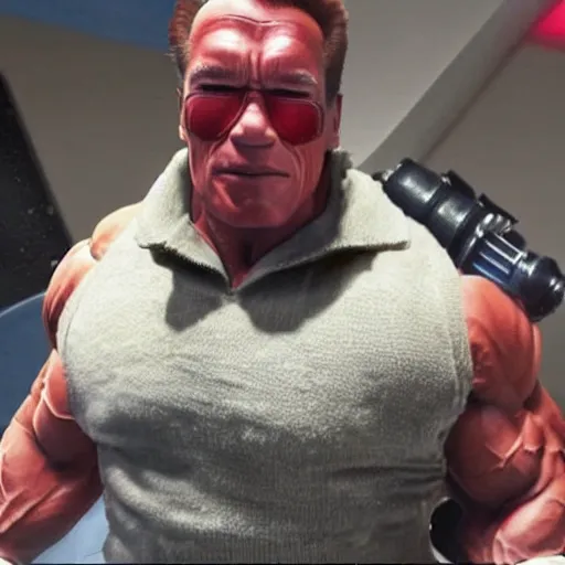 Image similar to a screenshot of arnold schwarzenegger as winston in overwatch