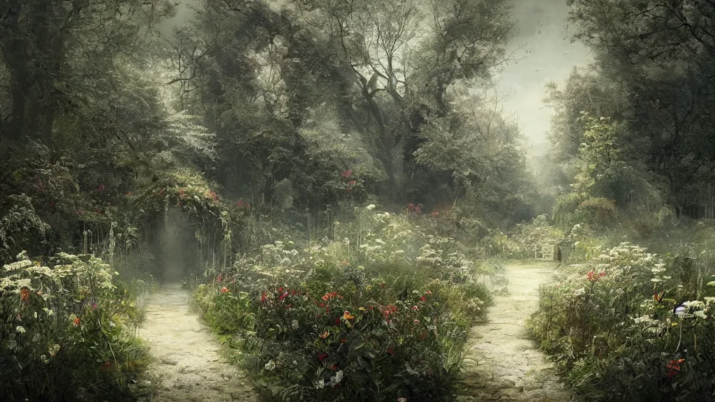 Image similar to the secret garden is overgrown with weeds and growth. no snow. andreas achenbach, artgerm, mikko lagerstedt, zack snyder, tokujin yoshioka