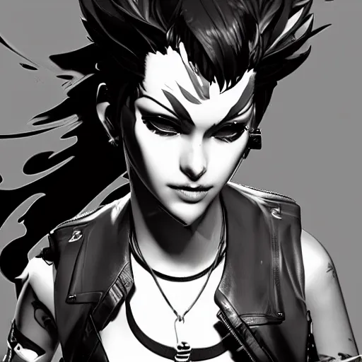 Image similar to highly detailed portrait of a punk young lady by Greg Tocchini and Yoji Shinkawa, 4k resolution