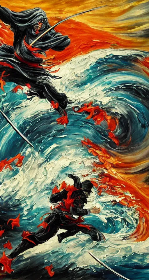 Image similar to beautiful abstract painting, man, ninja with katana of water wave, full body, water fists of fury, crazy hate face, jumping leaping heroic attack, action scene, ultra detailed