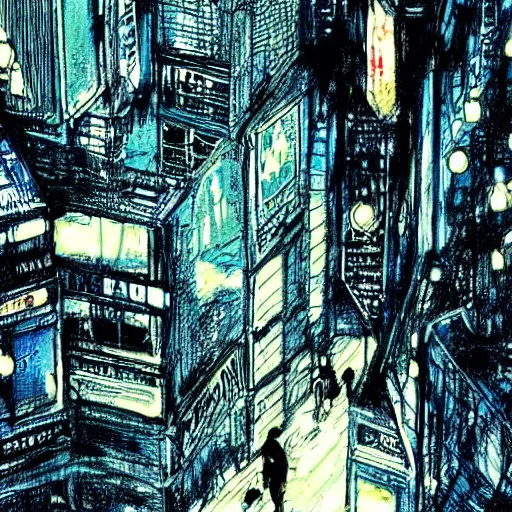 Image similar to blader runner city, weathered drawing, film grain, bright neon lighting, dark pastel colors, drawn by satoshi kon, katsuhiro otomo