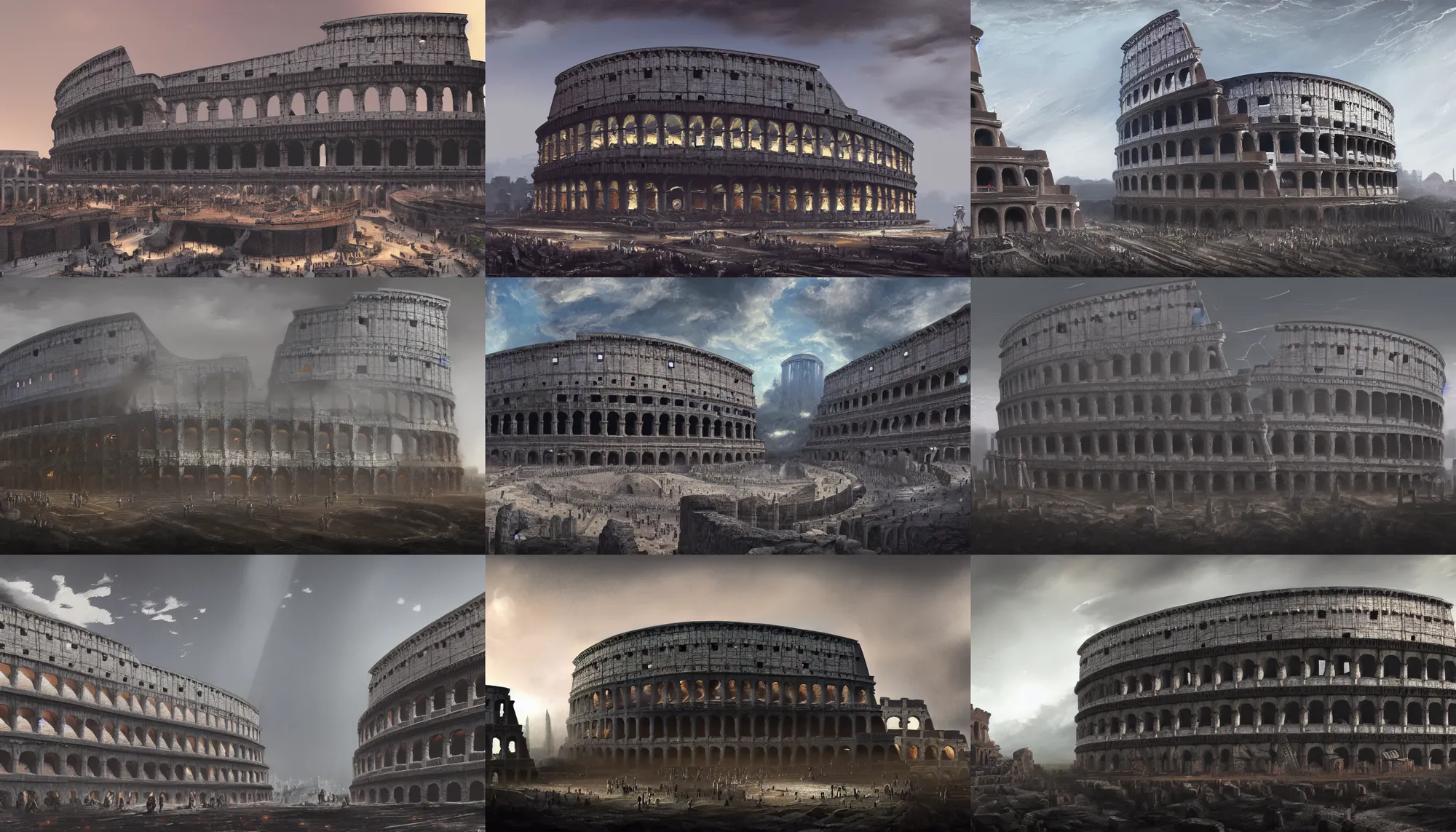 Prompt: Digital painting of futuristic construction, straight forms, black marble and basalt material, as futuristic Colosseum during ancient Rome, lovecraft style, hyperdetailed, artstation, cgsociety, 8k