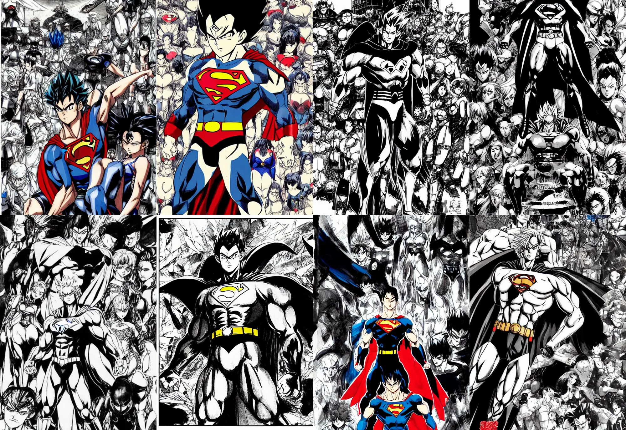 Prompt: a manga illustration of a superman batman hybrid, with vegeta head hair, siting back thinking in a roman concrete throne, surrounded by a harem of women, by ashley wood, yoji shinkawa, yoh yoshinari, black and white only