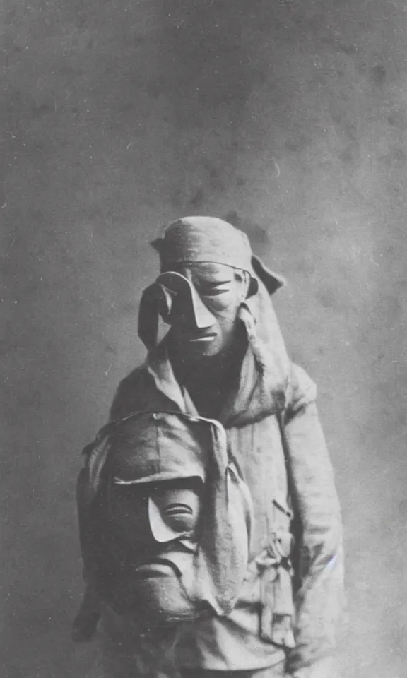 Prompt: person wearing japanese mask mask, ww1 photo, grainy, high detail, high resolution,