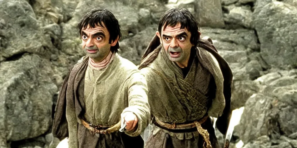 Image similar to still image of Mr Bean (Rowan Atkinson) appearing in The Lord of the Rings (Peter Jackson), film frame