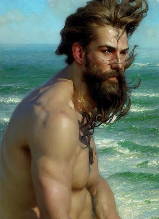 Image similar to detailed cinematic wide shot of muscular attractive young aztecman beard slim face symmetrical face tanskin green eyes white hair wearing sea clothes, ultra realistic, spring light, painting by gaston bussiere, craig mullins, j. c. leyendecker