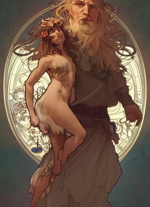 Image similar to beautiful illustration of a wizard with a dog as a god with alphonse mucha and craig mullins, gorgeous, amazing, flowing hair, muscular, very muscular male body, in the style abigail larsonand and sam guay, rim light, beautiful lighting, 8 k, stunning scene, octane, trending on artstation