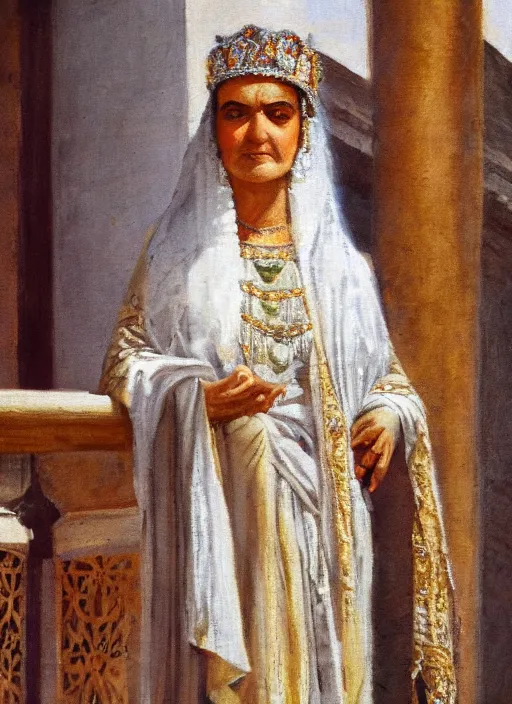 Image similar to close up portrait of an ancient Persian queen standing on a balcony of a palace, soft sunlight hitting face, oil painting,