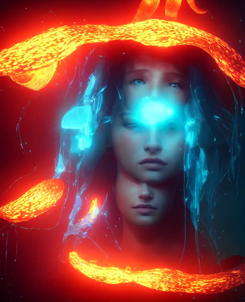 Image similar to close-up portrait of a beautiful girl floating in ethereum surrounded by floating jellyfish, energy flows of fire and water, flashes of plasma, 3d with depth of field, blurred background, a highly detailed epic cinematic concept art CG render. made in Maya, Blender and Photoshop, octane render, excellent composition, cinematic dystopian brutalist atmosphere, dynamic dramatic cinematic lighting, aesthetic, very inspirational, arthouse. y Greg Rutkowski, Ilya Kuvshinov, WLOP, Stanley Artgerm Lau, Ruan Jia and Fenghua Zhong