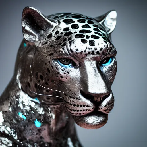 Image similar to portrait photography of a silver jaguar sculpture with glowing purple eyes