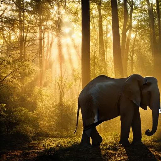 Image similar to A portrait of an elephant in a forest, natural lighting, sunbeams, golden hour, misty atmospherics