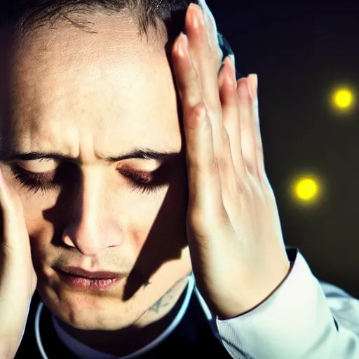 Prompt: Close up of a young, thin and stern catholic priest in his thirties fervently praying as he is about to die from the ominous terrifying Lovecraftian yellow shadow descending upon him from the night sky. Low angle, dramatic lighting. 4K photograph, 85mm sigma art lens