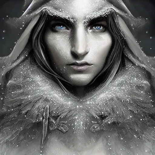 Image similar to hyper realistic portrait of an elf wizard using ray of frost, focus on face, fantasy, medieval, intricate details, religious, cinematic, trending on artstation, in the style of D&D