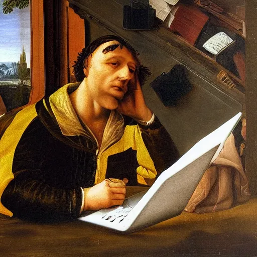 Image similar to tired man in a bumblebee suit sips a coffee in front of a laptop, highly detailed, masterpiece, renaissance, oil on canvas