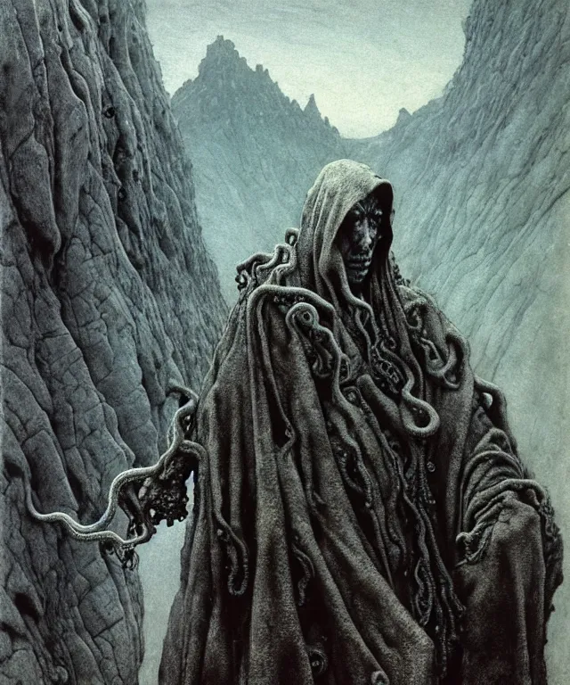 Prompt: A detailed gray-eyed tentacleheaded human stands among the mountains with a pebble in hands. Wearing a ripped mantle, robe. Extremely high details, realistic, fantasy art, solo, masterpiece, art by Zdzisław Beksiński, Arthur Rackham, Dariusz Zawadzki