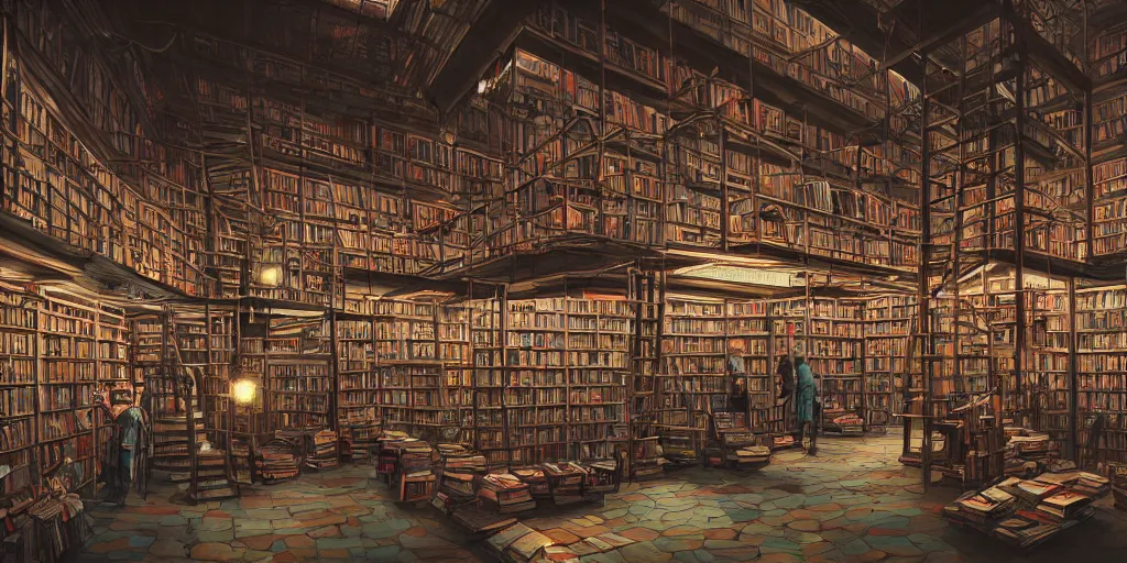 Prompt: cinematic shot of a vast interior of an old bookstore full of books with ladders and stairways, dystopian future, neon lights, sci - fi, night lights, haze, concept art, intricate, in the style of katsuhiro otomo, akira, unreal engine