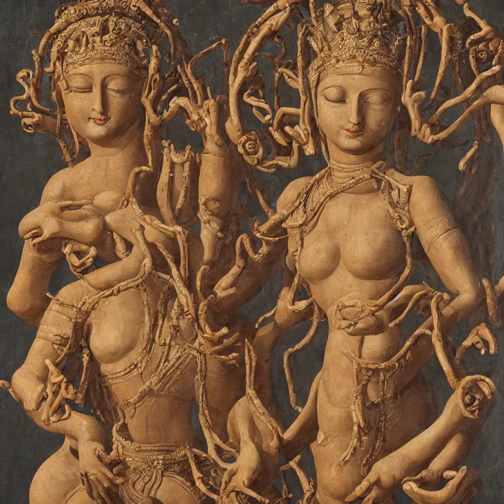 Image similar to young woman deity with multiple arms, highly detailed, oil painting