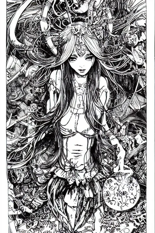 Image similar to Rave Alice in wonderland tarot card , pen and ink, intricate line drawings, by Yoshitaka Amano, Ruan Jia, Kentaro Miura, Artgerm, watercolor