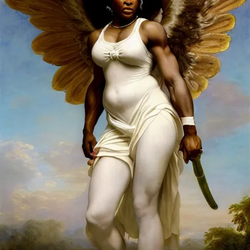 Image similar to Portrait of Serena Williams with wings as Nike Goddess, large wings, luxuriant, dreamy, eternity, romantic, strong pose, highly detailed, in the style of Franz Xaver Winterhalter, highly detailed, in the style of Aetherpunk