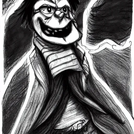 Prompt: a Pop Wonder scary horror themed goofy-hilarious-character Sting-wearing a scarf, dime-store-comic drawn with charcoal and pen and ink, half-tone-line-stacking