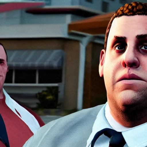 Image similar to jonah hill as a gta v character talking to trevor