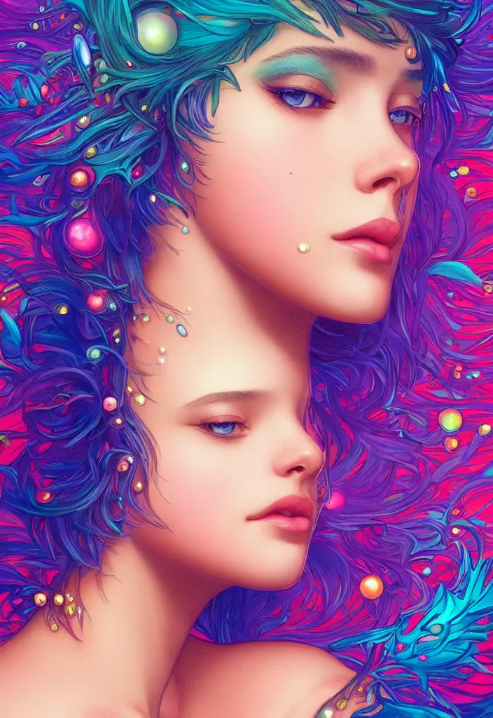 Image similar to beautiful, young woman, detailed gorgeous face, vaporwave aesthetic, synthwave, colorful, psychedelic, water droplets, feathers, crown, artstation, concept art, smooth, extremely sharp detail, finely tuned detail, ultra high definition, 8 k, unreal engine 5, ultra sharp focus, illustration, art by artgerm and greg rutkowski and alphonse mucha