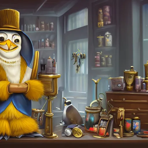 Image similar to Anthropomorphized penguin trader in his shop, selling his wares, portrait, items, gold, magic potions, carpet, window, fancy hat, sly expression , cunning expression, cute expression, long thick shiny gold beak, presenting wares, holding a gold bag, D&D, fantasy, cinematic lighting, highly detailed, digital painting, artstation, concept art, smooth, sharp focus, illustration, warm light, cozy warm tint, magic the gathering artwork, volumetric lighting, 8k, art by Akihiko Yoshida, Greg Rutkowski