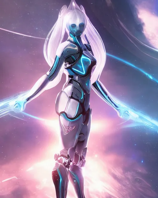 Image similar to perfect android girl on a mothership, warframe armor, beautiful face, scifi, futuristic, galaxy, nebula, raytracing, dreamy, long white hair, blue cyborg eyes, sharp focus, cinematic lighting, highly detailed, artstation, divine, by gauthier leblanc, kazuya takahashi, huifeng huang