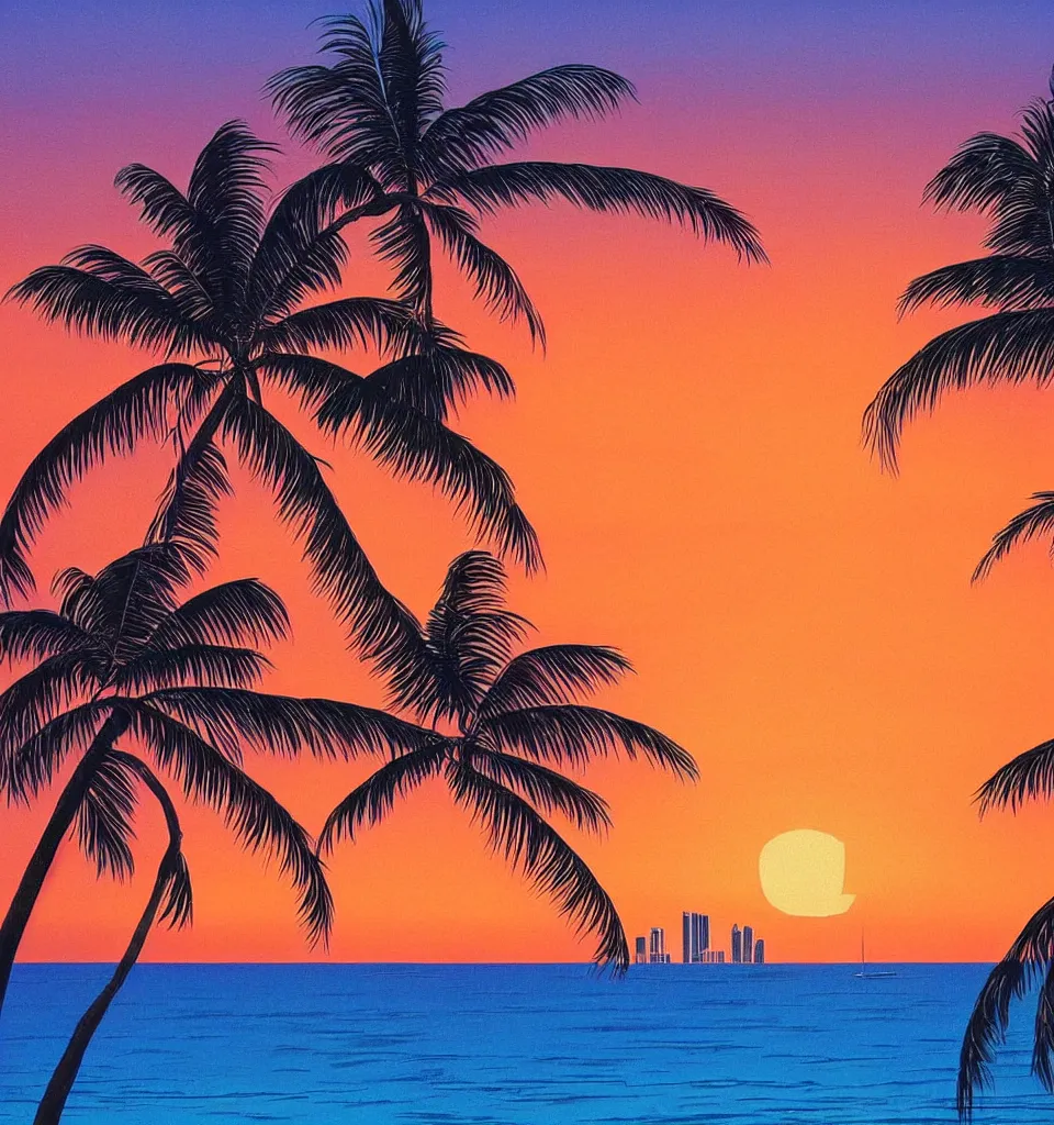 Image similar to gorgeous romantic sunset, cliffside onlooking the beautiful city of surfers paradise in queensland, warm colors, tropical, in the style of hiroshi nagai, very detailed, tropical, 8 0 s