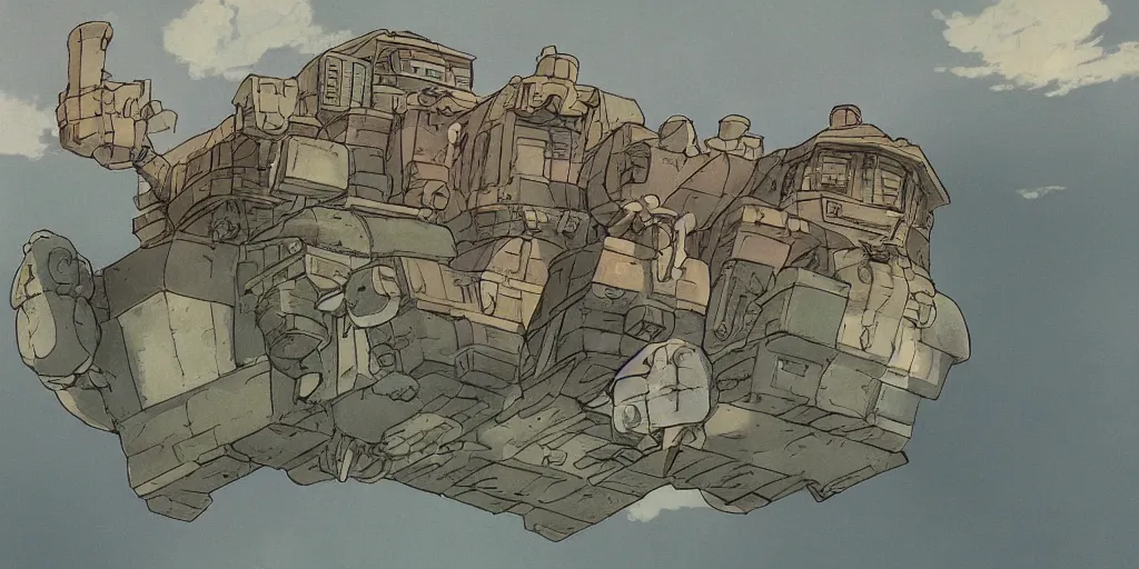 Image similar to a realistic cell - shaded studio ghibli concept art from howl's moving castle ( 2 0 0 4 ) of a floating cube from close encounters of the third kind ( 1 9 7 7 ). very dull colors, hd, 4 k, hq