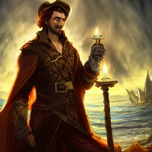 Image similar to concept art of a swashbuckler holding a candle holder discovering a sunken city, wearing a cape, on a ship, highly detailed, digital art, illustration, artstation, very detailed, 4 k