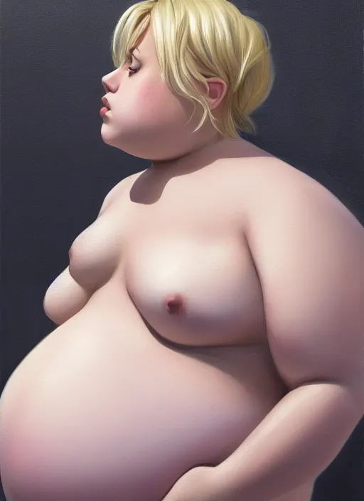 Image similar to full body portrait, teenage lili reinhart, blonde hair, obese, bangs, ponytail, sultry, realistic, sultry smirk, fluffy bangs, curly bangs, fat, belly, intricate, elegant, highly detailed, digital painting, artstation, concept art, smooth, sharp focus, illustration, art by wlop, mars ravelo and greg rutkowski