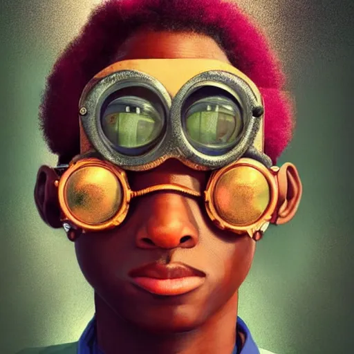 Image similar to colourful vfx upper half - portrait - art of a nigerian boy wearing steam punk goggles, art by utagawa kunisada & james jean, digital render, digital illustration, concept art, caricature, volumetric light, ray tracing, symmetrical, unreal engine, octane 3 d render, sharp, detailed, intricate detail, pinterest, behance, art station,