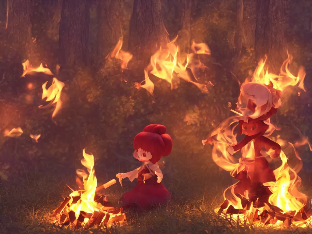 Image similar to cute fumo plush pyromaniac girl giddily starting a fire in the forest, campfire, flames, warm glow and volumetric smoke vortices, vray