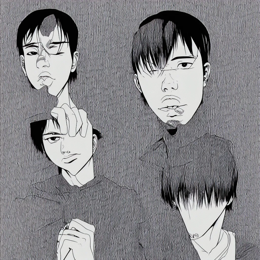 Prompt: simple portrait of Frank Ocean, intricate, manga art by Shintaro Kago