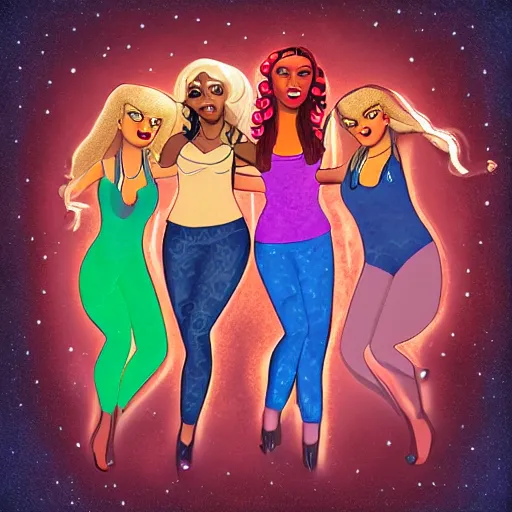 Image similar to illustration of a pop rock music group named'shiny souls'with two woman singers with blonde hair and one woman singer with brown curly hair singing in front of the crowd, aerial view, digital art