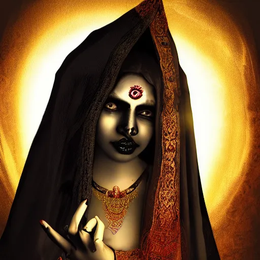 Image similar to beautiful Hindu lady of the dark with veil, in darkness, cover with blood, horror terrifying, soft light, surreal realistic, photorealistic, hyper details, full HD, 8k!