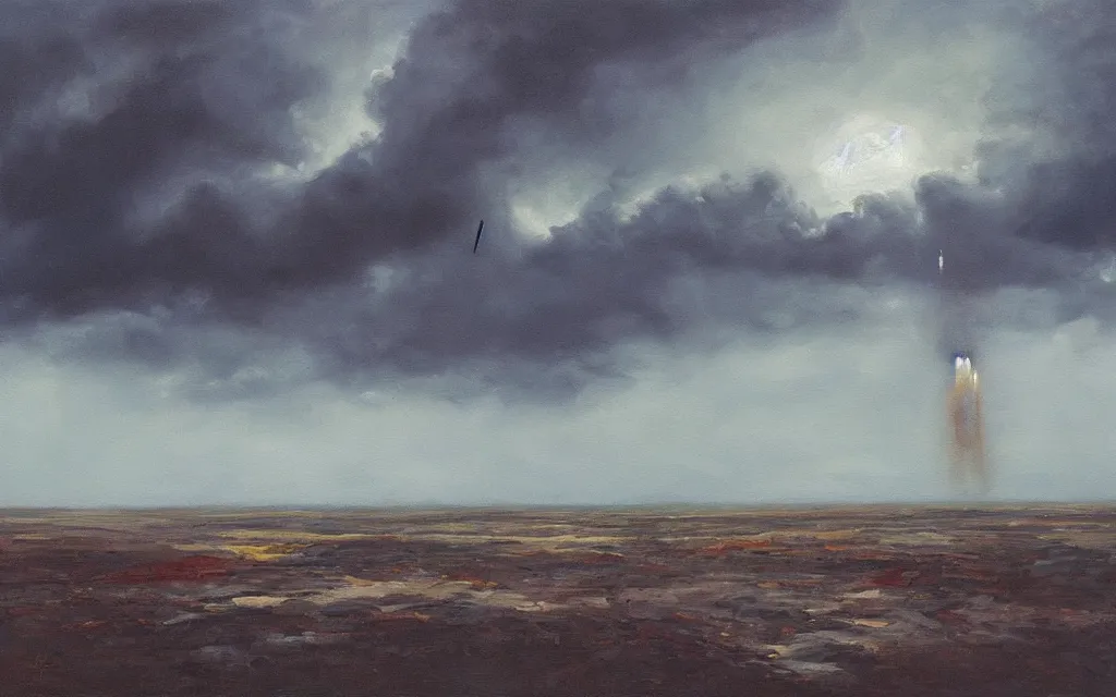 Image similar to rockets, ominous sky, oil on canvas, by edelfelt