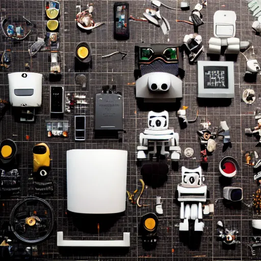 Prompt: a robotic housecat, knolling photography