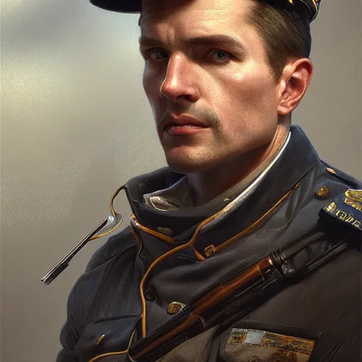 Image similar to Beautiful portrait of a Caucasian male police officer, wide angle, intricate, wild, highly detailed, digital painting, artstation, concept art, smooth, sharp focus, illustration, art by artgerm and greg rutkowski and alphonse mucha - W 768