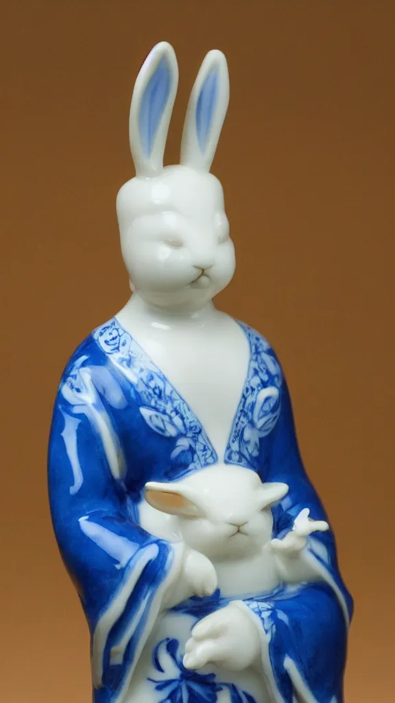 Image similar to porcelain rabbit head budda statue with blue arabesque details get a japanese kiseru in her hand painted by john singer sargent