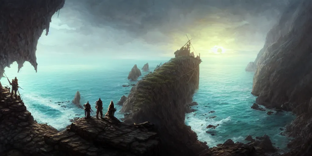 Image similar to D&D adventurers facing away on cliff overlooking realistic shipwreck boat, naval background, portrait, magic the gathering artwork, D&D, fantasy, cinematic lighting, centered, symmetrical, highly detailed, digital painting, artstation, concept art, smooth, sharp focus, illustration, volumetric lighting, epic Composition, 8k, art by Akihiko Yoshida and Greg Rutkowski and Craig Mullins, oil painting, cgsociety