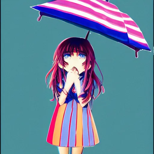 Prompt: rain, stripes, anime 1 9 8 0, umbrella, girl