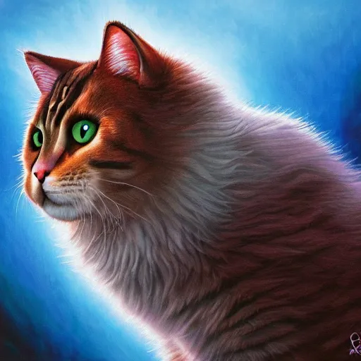 Prompt: colossal fluffy cat, by alex grey, fantasy, vivid colors, sharp focus, digital art, hyper - realistic, 4 k, unreal engine, highly detailed, hd, dramatic lighting by brom, trending on artstation